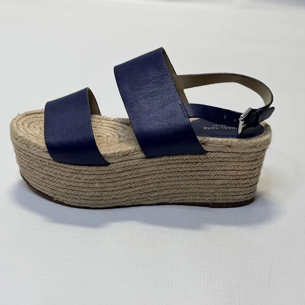 Michael Kors Collection Sandals Womens Size 8 Blue Leather Espadrille Wedge